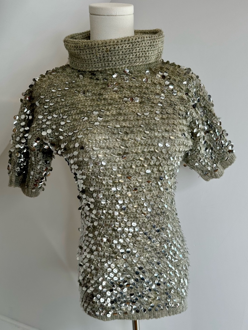 Vintage Windsor 100% Wool Hand Crocheted Sequin Turtleneck Sweater S